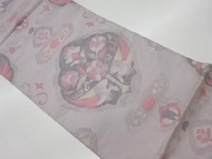 リサイクル　抽象草花に向かい動物模様織出し袋帯